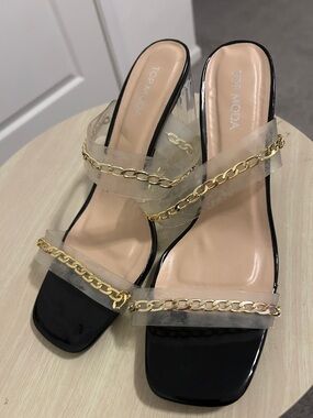 TOP Moda Black Patent Heeled Sandals with Gold Chain Detail